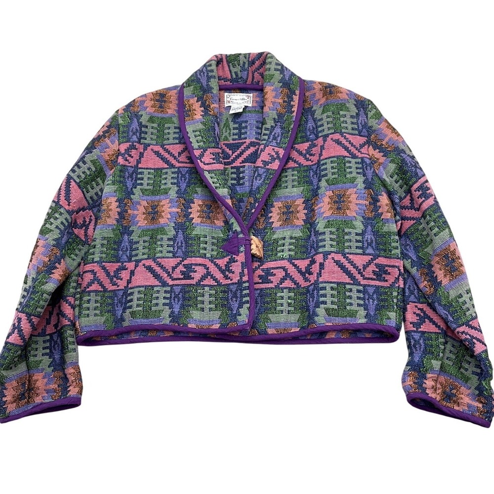 Carrie Allen Jacket‎ Women Large Pink Green Aztec Southwest Tapestry Woven Crop